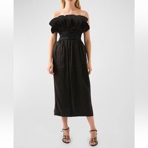 Aje Black Strapless Ruffle Midi Dress